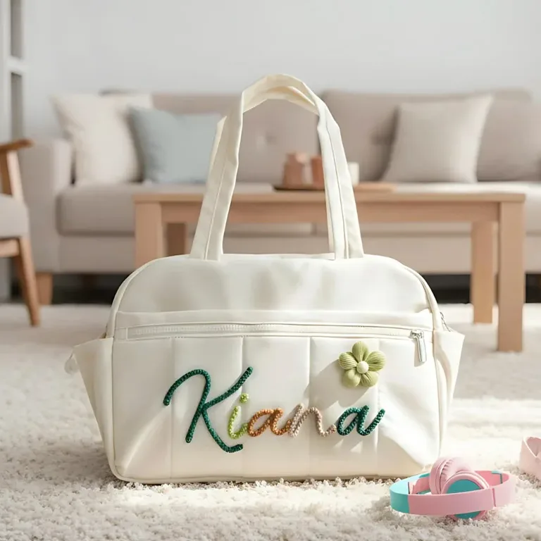 Nameli Custom Name Multicolor Embroidered Cream Canvas Weekender Bag for Girls