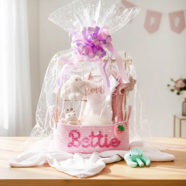 Fully Wrapped Personalised Newborn Baby Gift Basket Set with Tulle Packaging and Bow