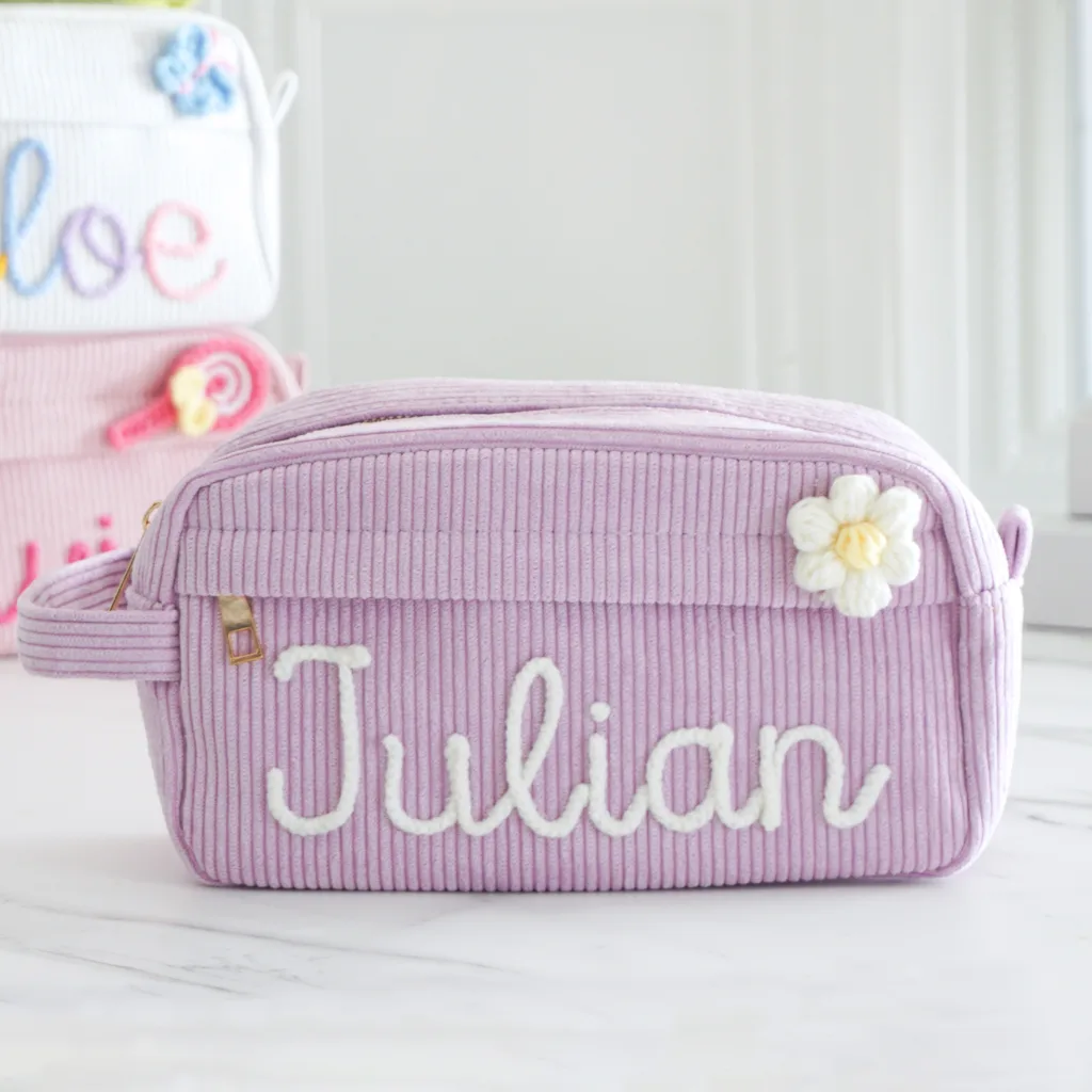 Nameli Custom Embroidered Purple Corduroy Stationary Pouch with Daisy Flower Charm