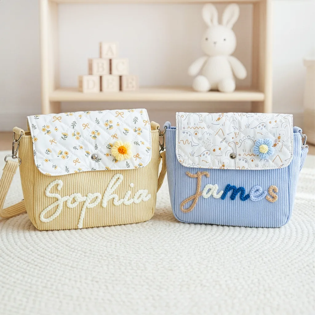 Nameli Personalized Name Embroidered Pastel Corduroy Messenger Bags for Boys and Girls