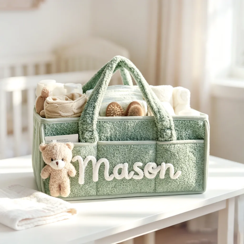 Nameli Personalized Name Embroidered Sage Green Sherpa Toy Storage Basket