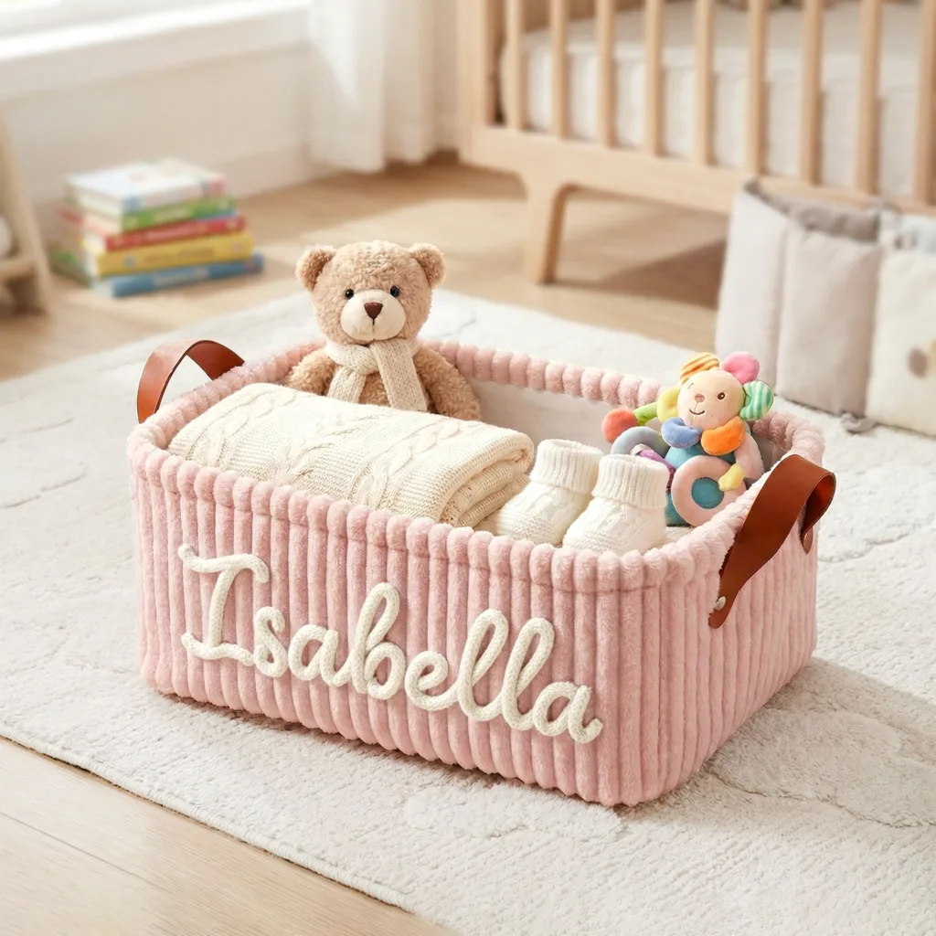 Nameli Personalized Name Embroidered Pink Corduroy Storage Basket for Girls Nursery Decor