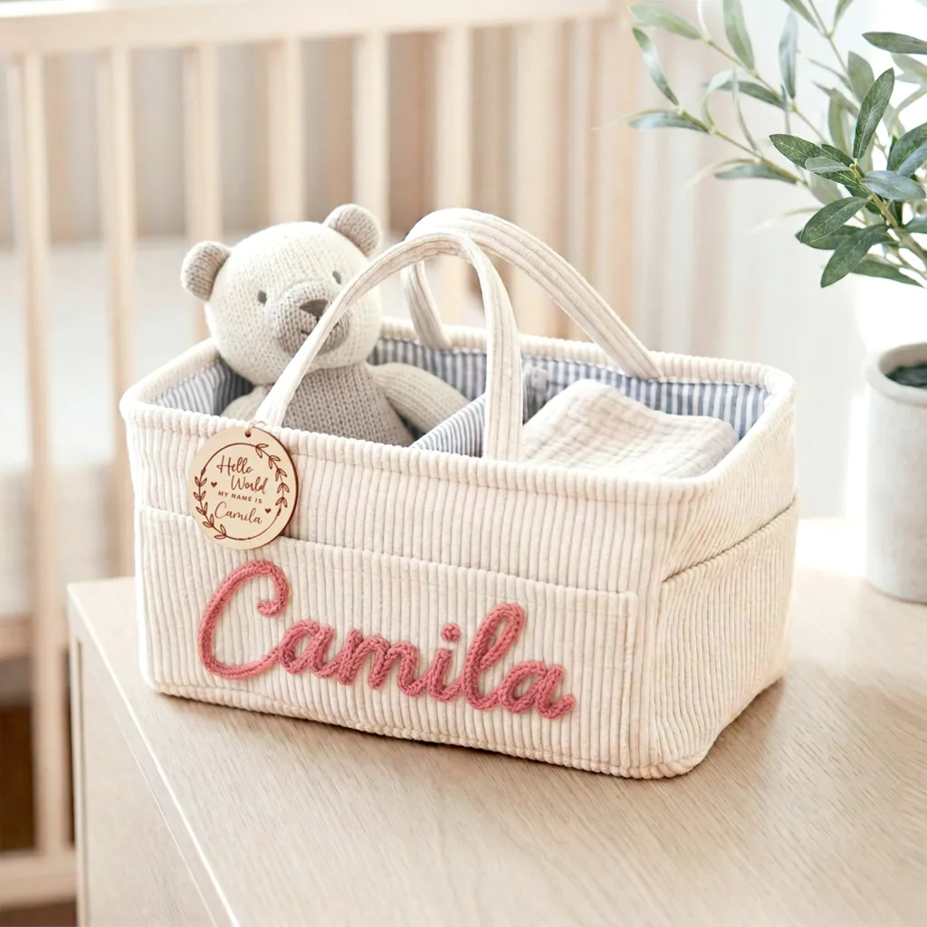 Nameli Personalized Name Embroidered Cream Corduroy Baby Gift Basket with Handles