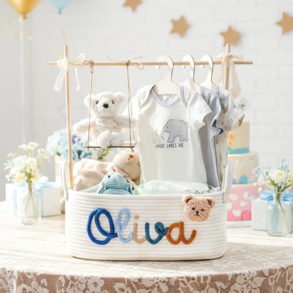 Nameli Personalized Embroidered White Cotton Rope Storage Basket for Baby Boy Nursery