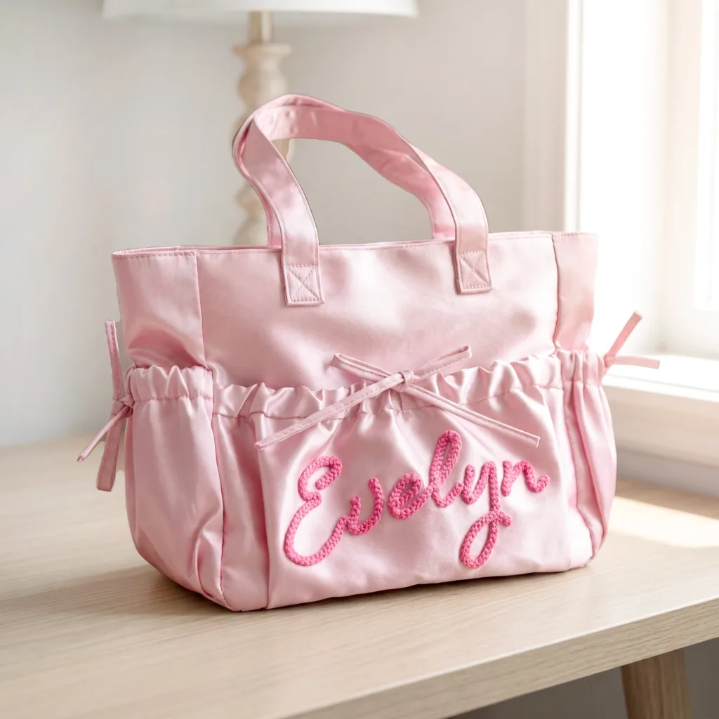 Nameli Personalised Pink Satin Tote Bag with Bows and Custom Name Embroidery
