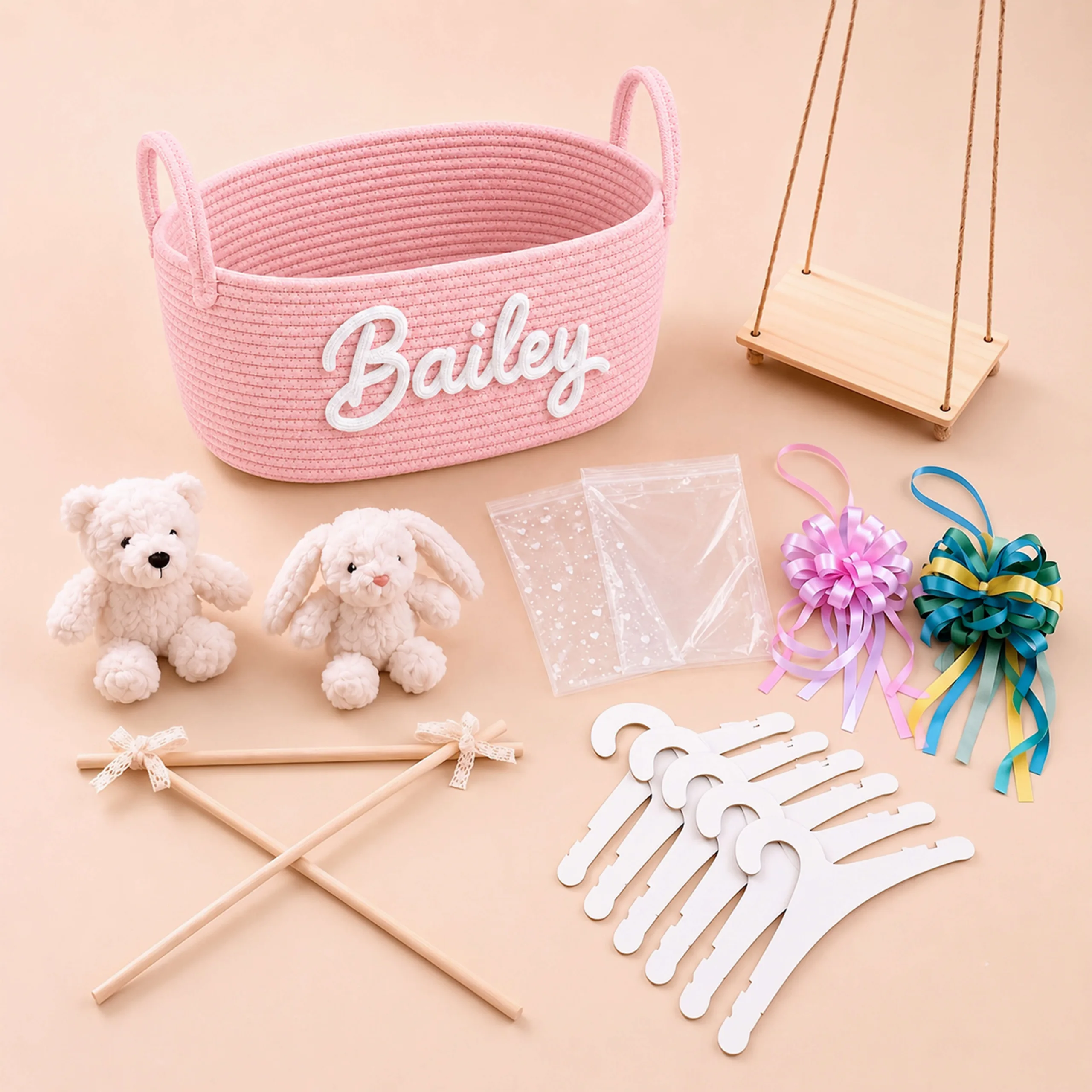 Fully Wrapped Personalised Newborn Baby Gift Basket Set with Tulle Packaging and Bow