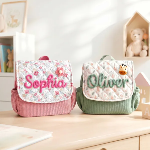 Nameli Personalized Embroidered Pink Sophia and Sage Green Oliver Toddler Travel Backpacks