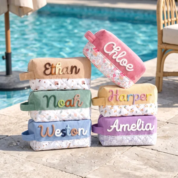 Custom corduroy pencil pouches with embroidered names in pink, green, yellow, and blue