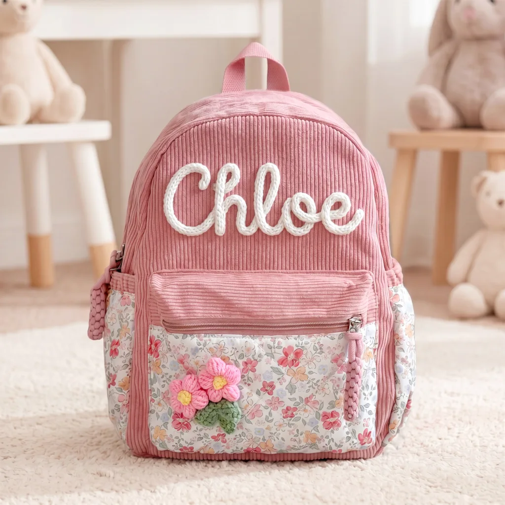 Close-up of Custom Multicolor Rainbow Name Embroidery on Nameli Pink Floral Backpack