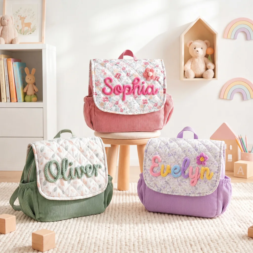 Nameli Customized Name Sage Green Oliver and Lilac Evelyn Corduroy Nursery Rucksacks