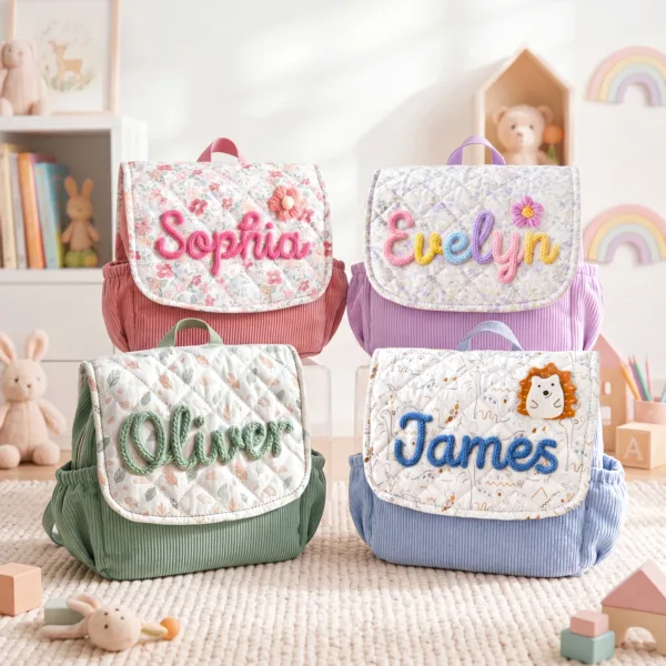 Nameli Personalised Embroidered Floral Patchwork Kids Backpacks Collection in Pink, Purple, Green, and Blue