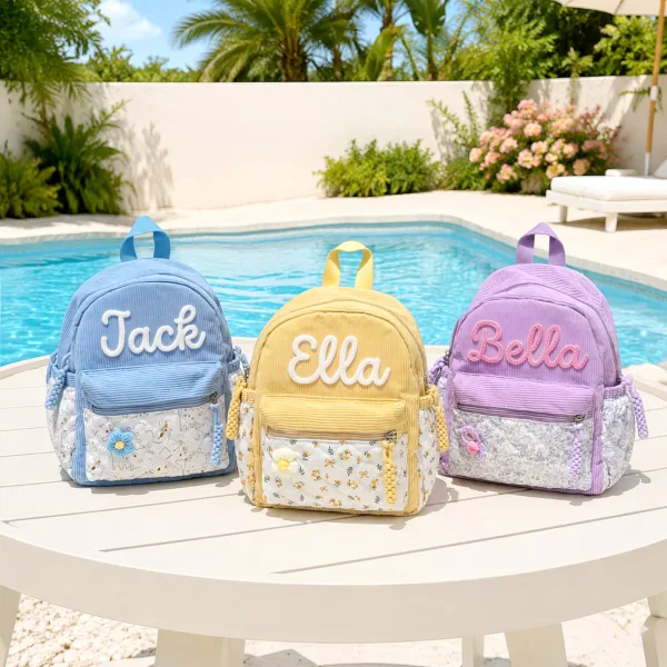 Personalized corduroy school bags set for kids in blue, yellow, and purple
