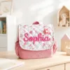 Close-up of Nameli Custom Pink Sophia Corduroy Kids Backpack with Dainty Floral Flap