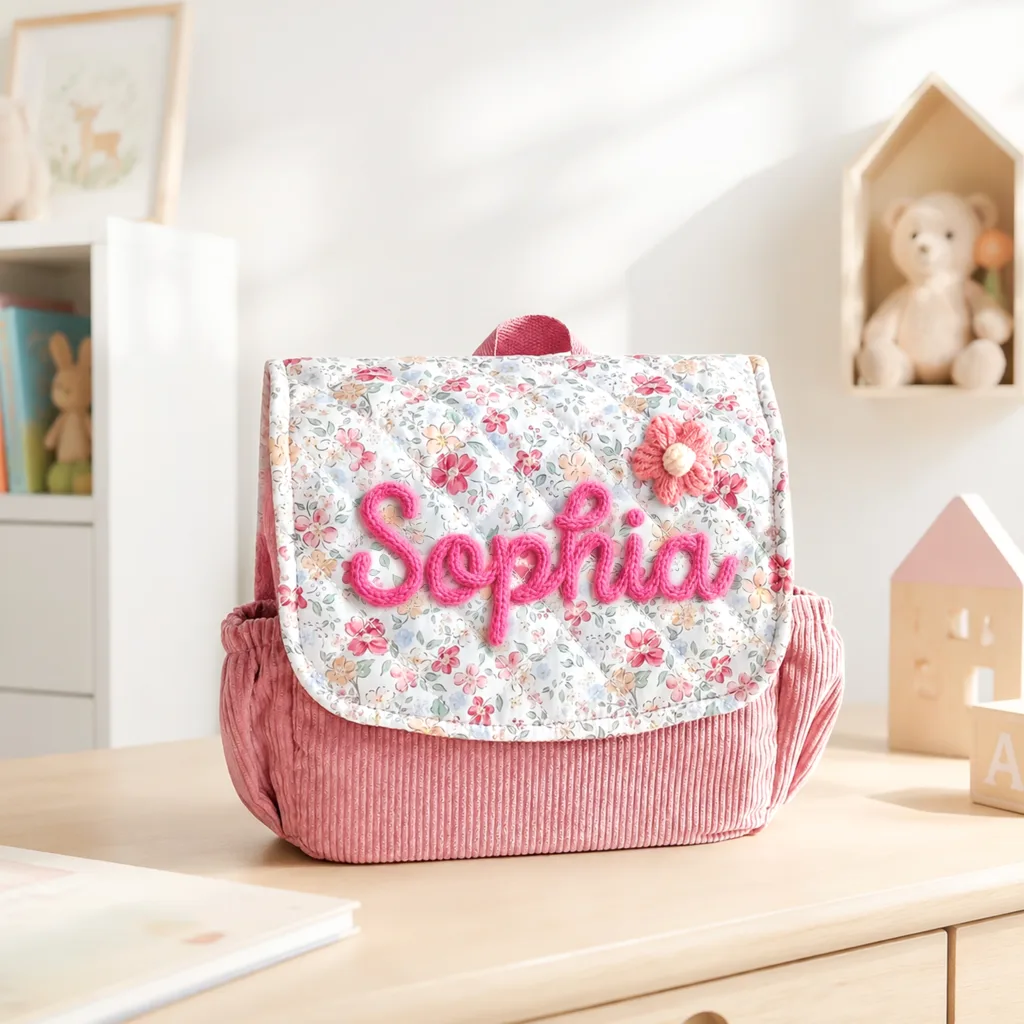 Close-up of Nameli Custom Pink Sophia Corduroy Kids Backpack with Dainty Floral Flap
